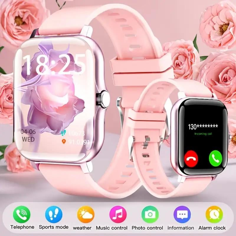 1.83-Inch High-Definition Touchscreen Smartwatch with Pink Strap - Making/Answering Calls, Step and Calorie Trackers, SMS Alerts, Weather Updates, Music Control, USB Charging, Suitable for Android and Iphone - Perfect for Outdoor Activities
